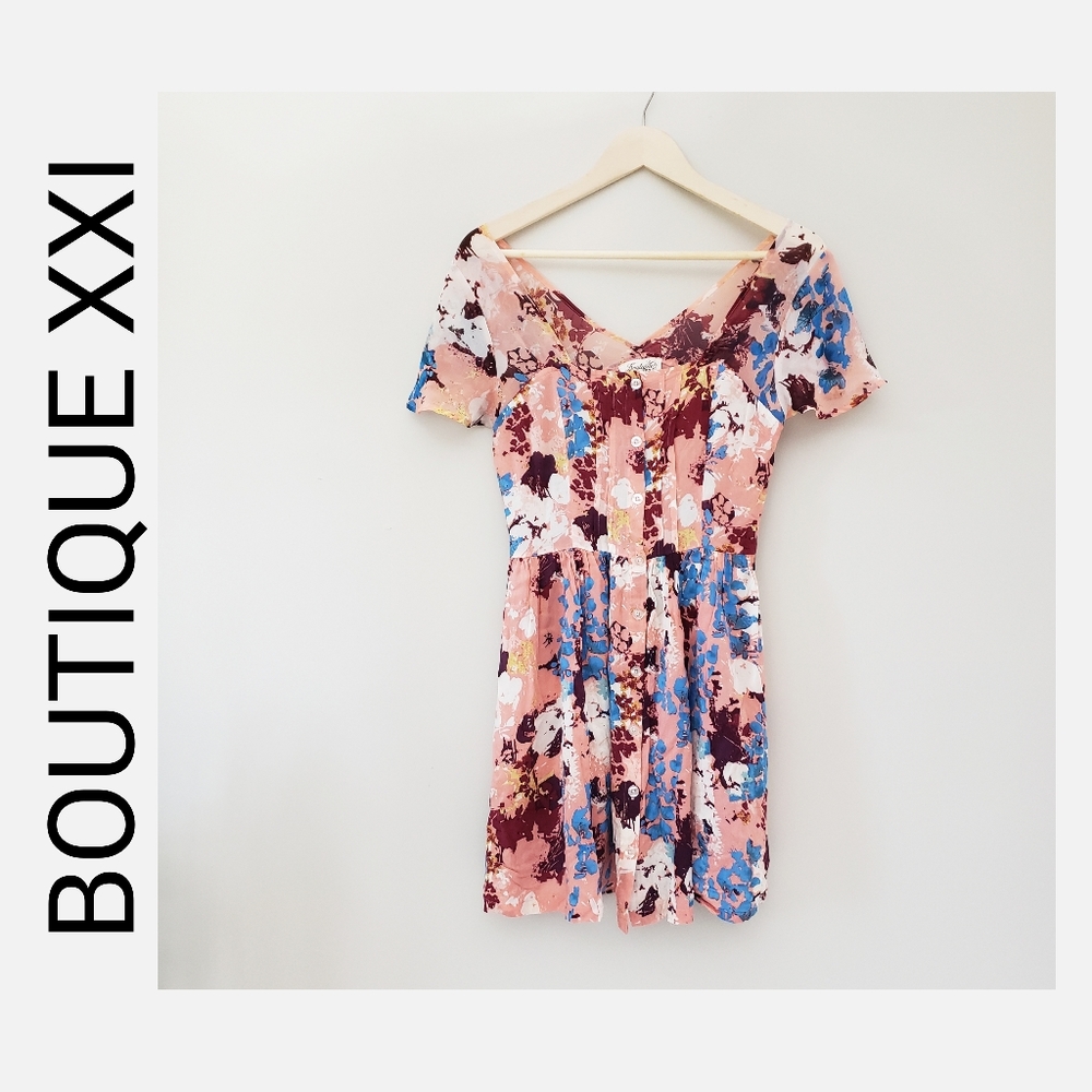 Boutique XXI Brand Button Down Sun Dress Floral Small Pink
